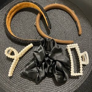 Womens Black Satin Scrunchie & Pearl Hair Clip Set - Brown Headbands Included